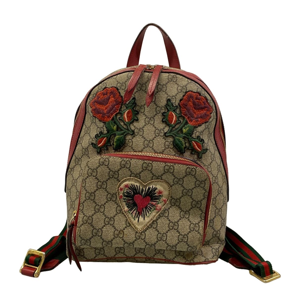 Gucci Backpack GG Supreme Beige Small Red Multi Embroidery Rose China Exclusive