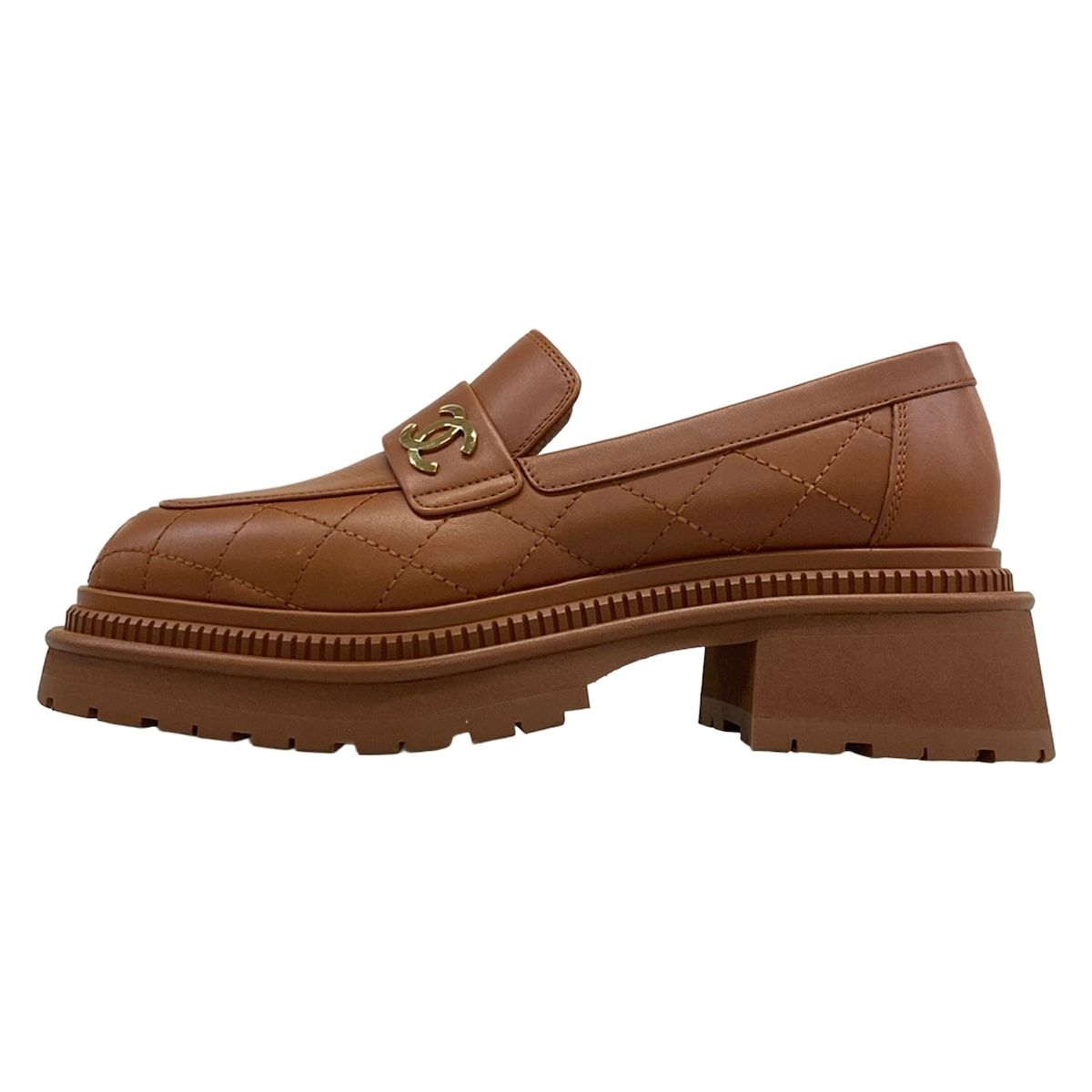 Chanel Loafers 37 Quilted Brown Gold CC Logo Leather