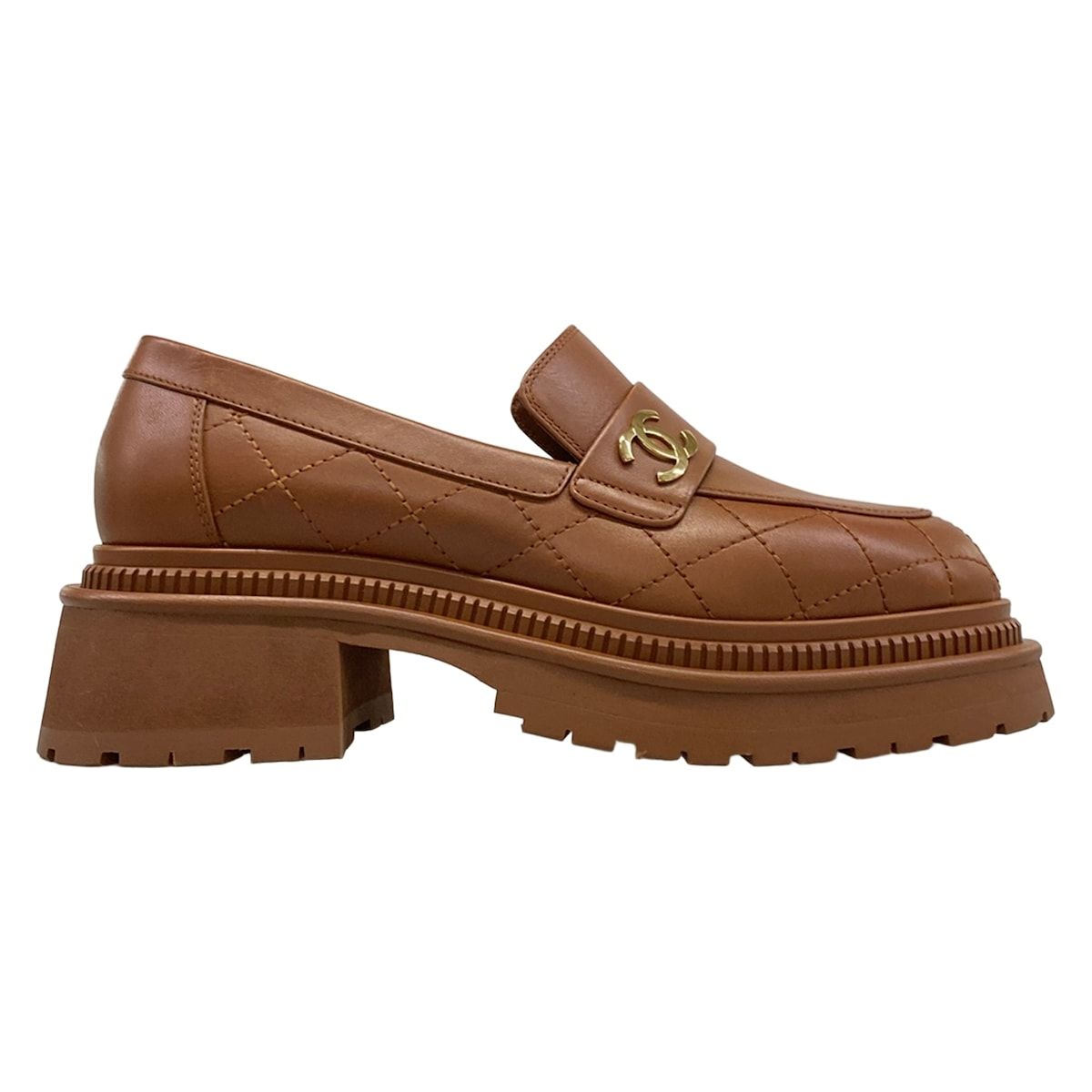 Chanel Loafers 37 Quilted Brown Gold CC Logo Leather — view 4