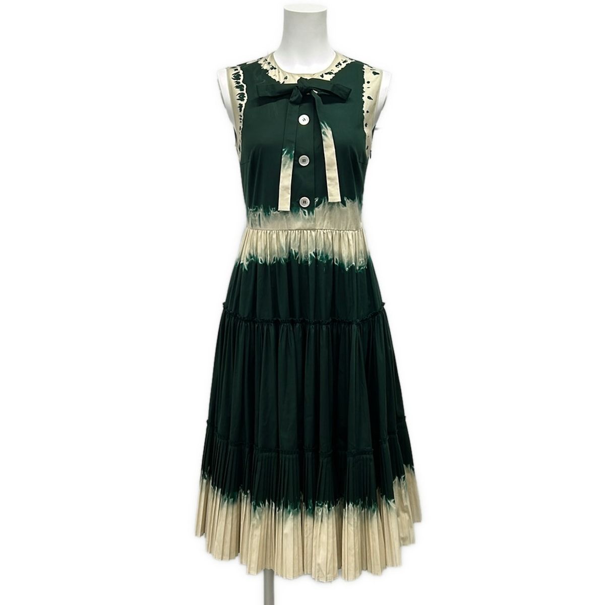 Prada Dress 38 Green White Sleeveless Ribbon Pleats Cotton