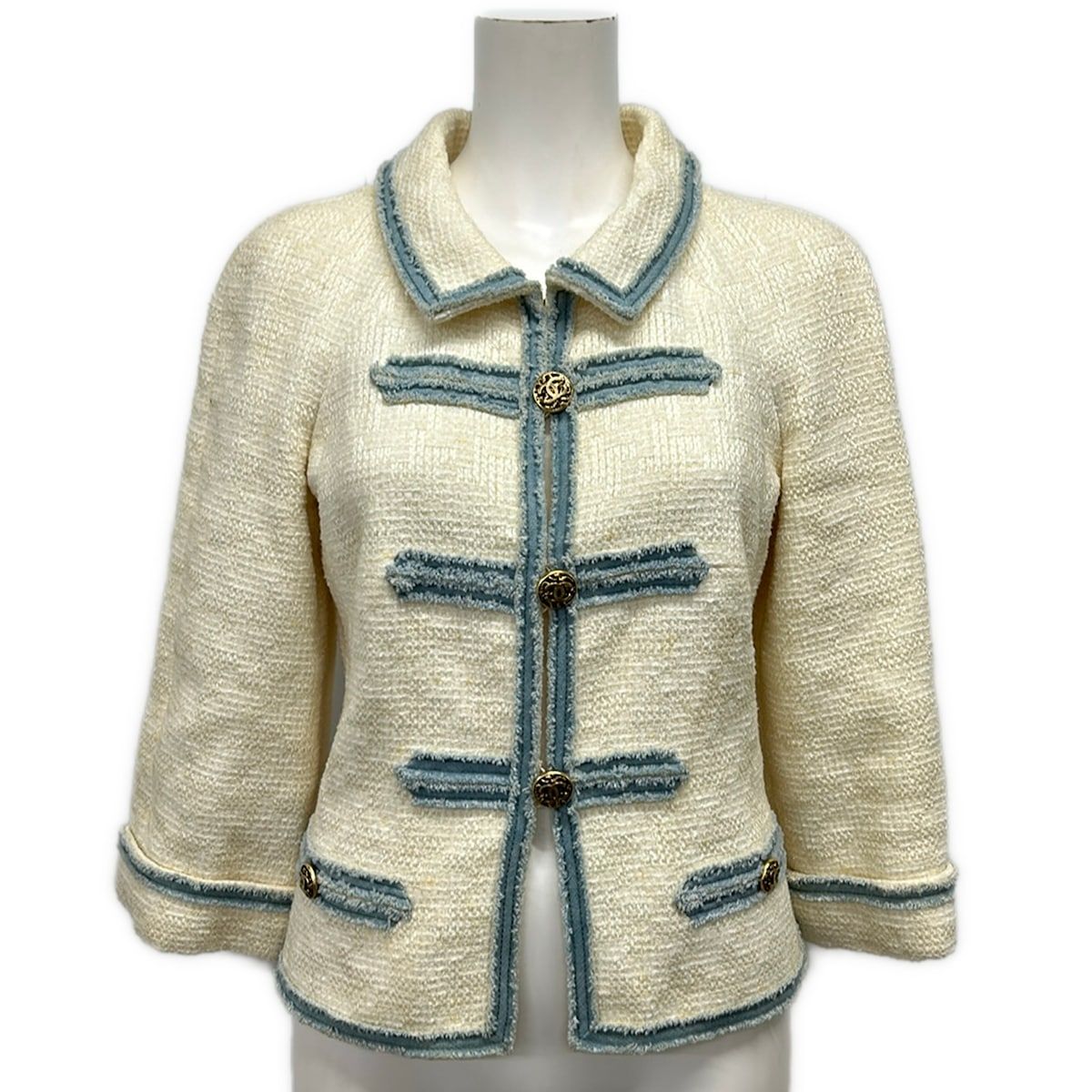 Chanel Jacket 34 Ivory Light Blue Long Sleeve Tweed Autumn Winter Cotton