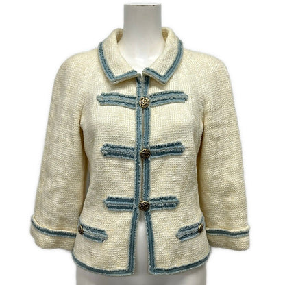Chanel Jacket 34 Ivory Light Blue Long Sleeve Tweed Autumn Winter Cotton