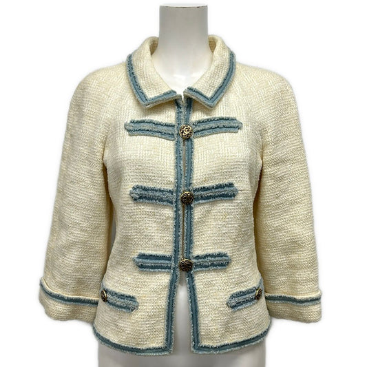 Chanel Jacket 34 Ivory Light Blue Long Sleeve Tweed Autumn Winter Cotton