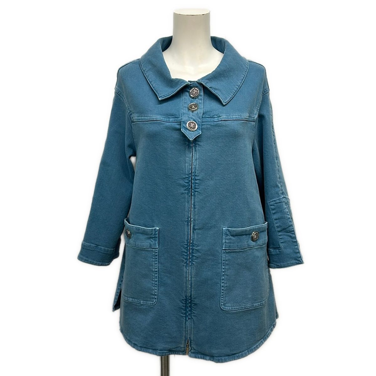 Chanel Jacket 34 Blue 3/4 Sleeve Denim Zip Up CC Logo Button Spring Autumn