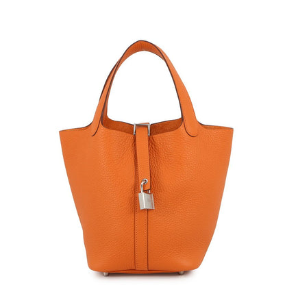 Hermes Handbag Picotin Lock PM Orange Silver Taurillon Clemence Tote