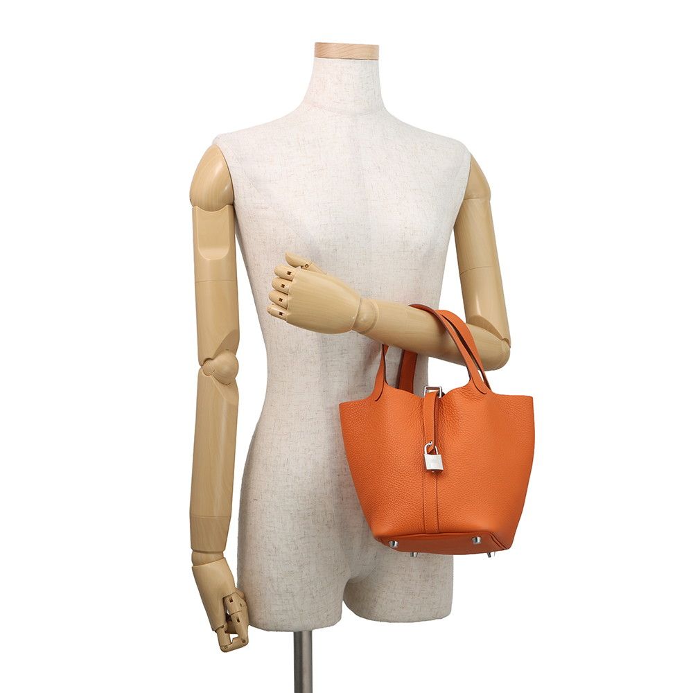 Hermes Handbag Picotin Lock PM Orange Silver Taurillon Clemence Tote — view 4