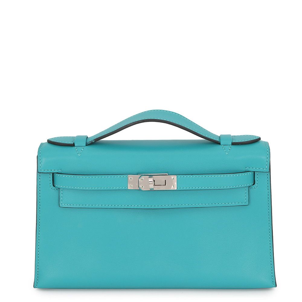 Hermes Handbag Pochette Kelly Blue Paon Silver Swift Bag