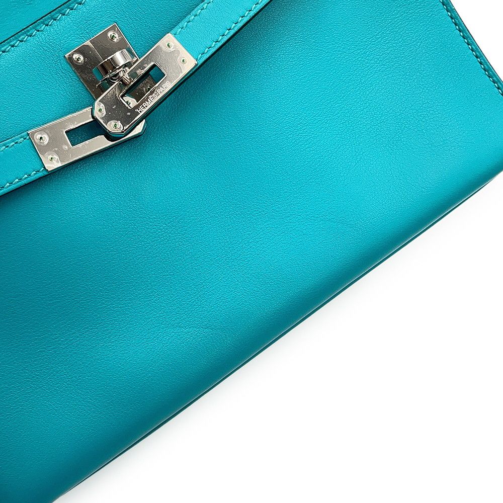 Hermes Handbag Pochette Kelly Blue Paon Silver Swift Bag — view 9
