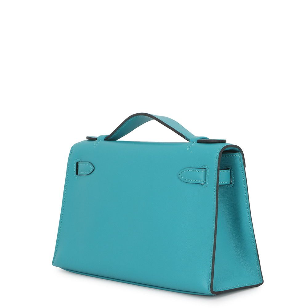 Hermes Handbag Pochette Kelly Blue Paon Silver Swift Bag — view 2