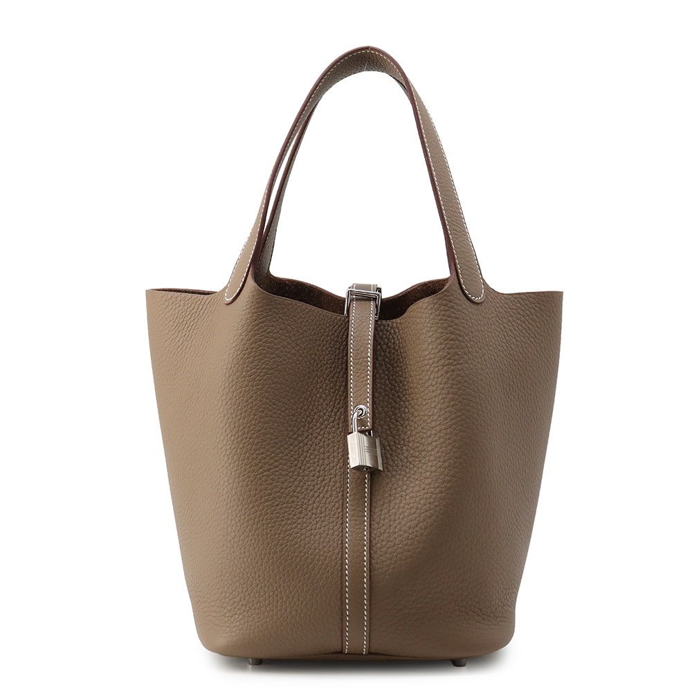 Hermes Handbag Picotin Lock MM Etoupe Silver Taurillon Clemence Tote