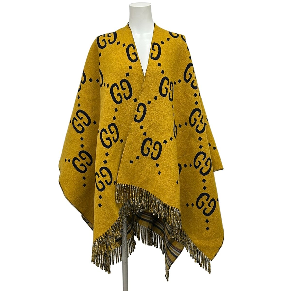 Gucci Poncho Yellow Dark Navy Multi Knit Plaid GG Pattern Reversible Fringe — view 3