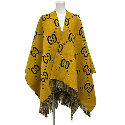 Gucci Poncho Yellow Dark Navy Multi Knit Plaid GG Pattern Reversible Fringe — view 3