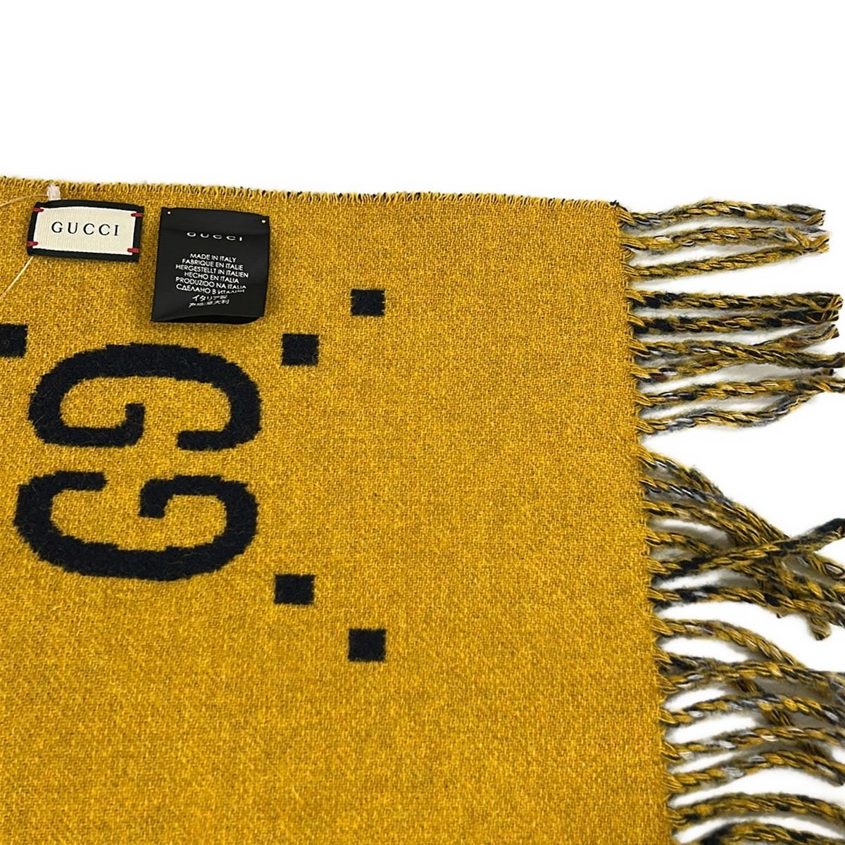 Gucci Poncho Yellow Dark Navy Multi Knit Plaid GG Pattern Reversible Fringe — view 8