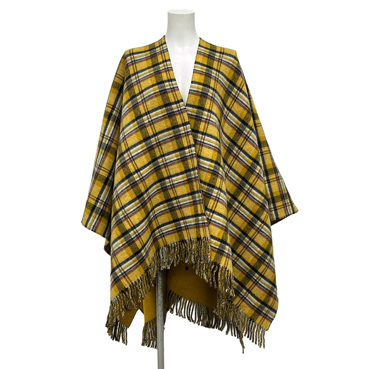 Gucci Poncho Yellow Dark Navy Multi Knit Plaid GG Pattern Reversible Fringe