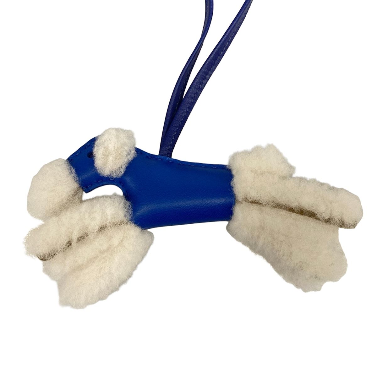 Hermes Key Holder Buddy Charm Blue France Saffiano Ecru Shearling — view 4