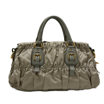 Prada Handbag Gathered Bag Beige Light Gray Leather Tag — view 3