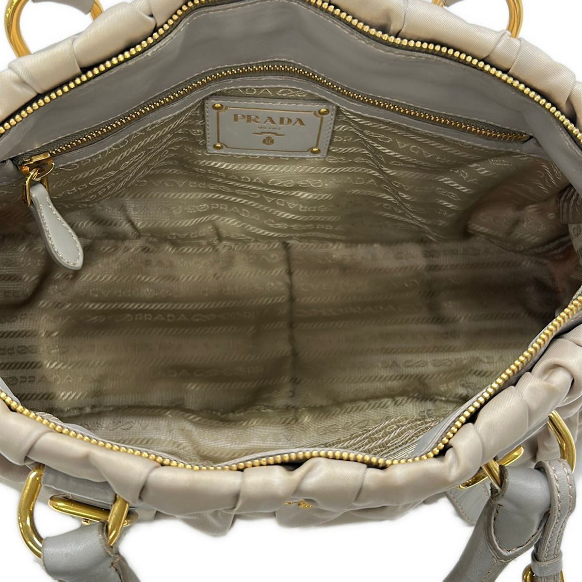 Prada Handbag Gathered Bag Beige Light Gray Leather Tag — view 7