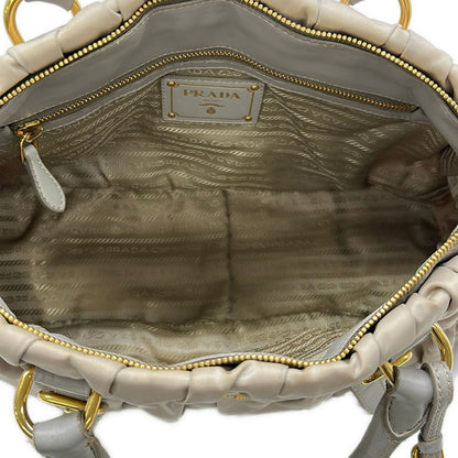 Prada Handbag Gathered Bag Beige Light Gray Leather Tag — view 7