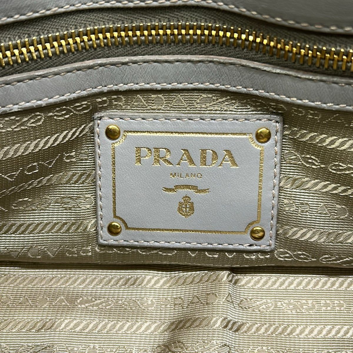Prada Handbag Gathered Bag Beige Light Gray Leather Tag — view 8