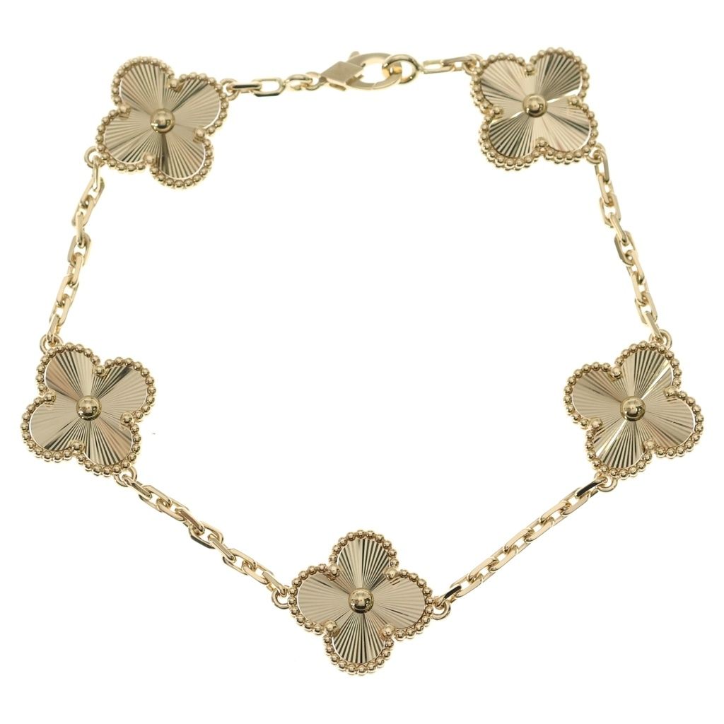 Van Cleef & Arpels Vintage Alhambra 5 Motif Guilloche Bracelet 18k Yellow Gold