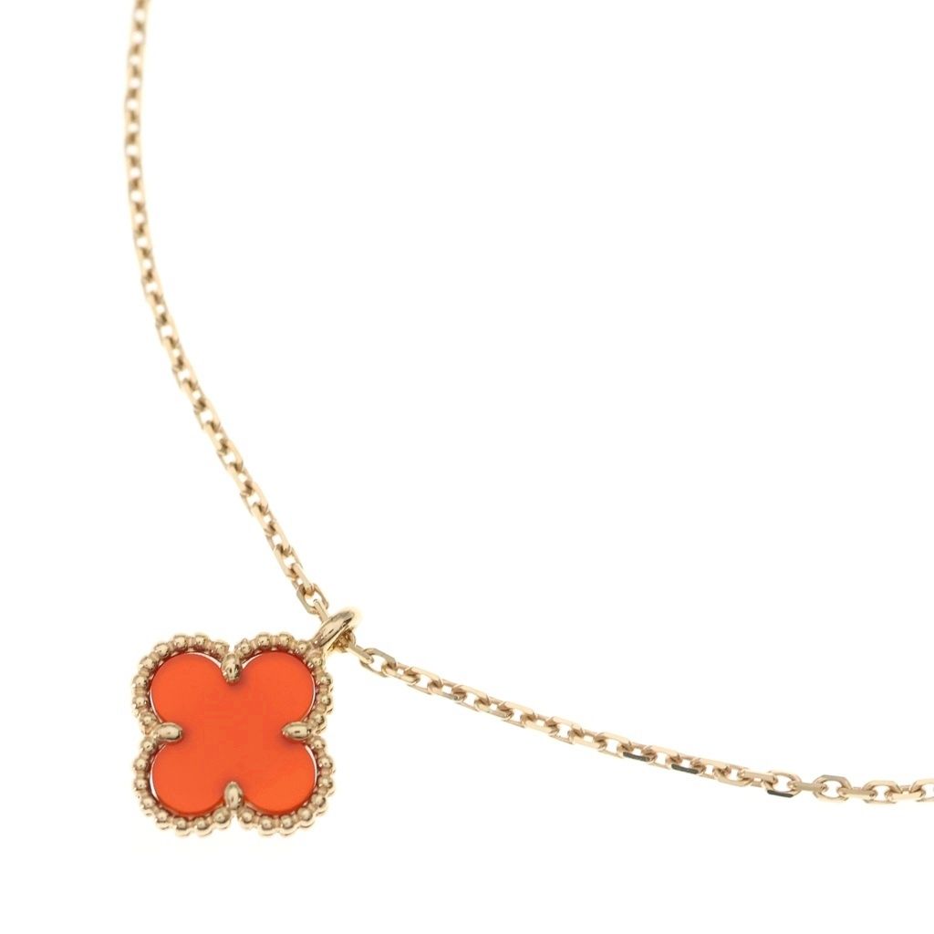 Van Cleef & Arpels Sweet Alhambra Carnelian Necklace Pendant Chain Red Pink Gold