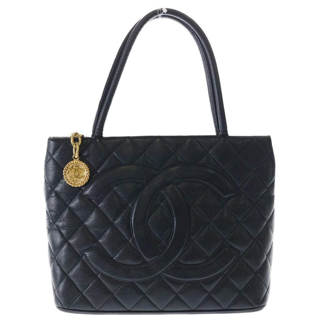 Chanel Medallion Tote Handbag Black Caviar Leather Gold