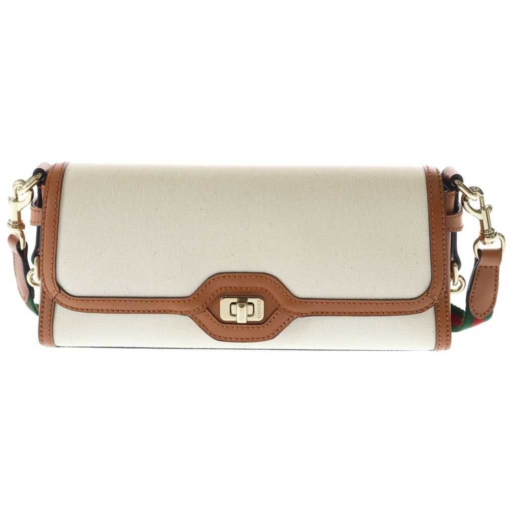 Gucci Chess Molle Shoulder Bag Beige Brown Canvas Leather Gold