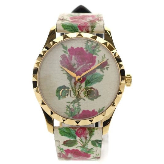 Gucci Timeless Floral Logo Leather Quartz Watch Ivory Gold