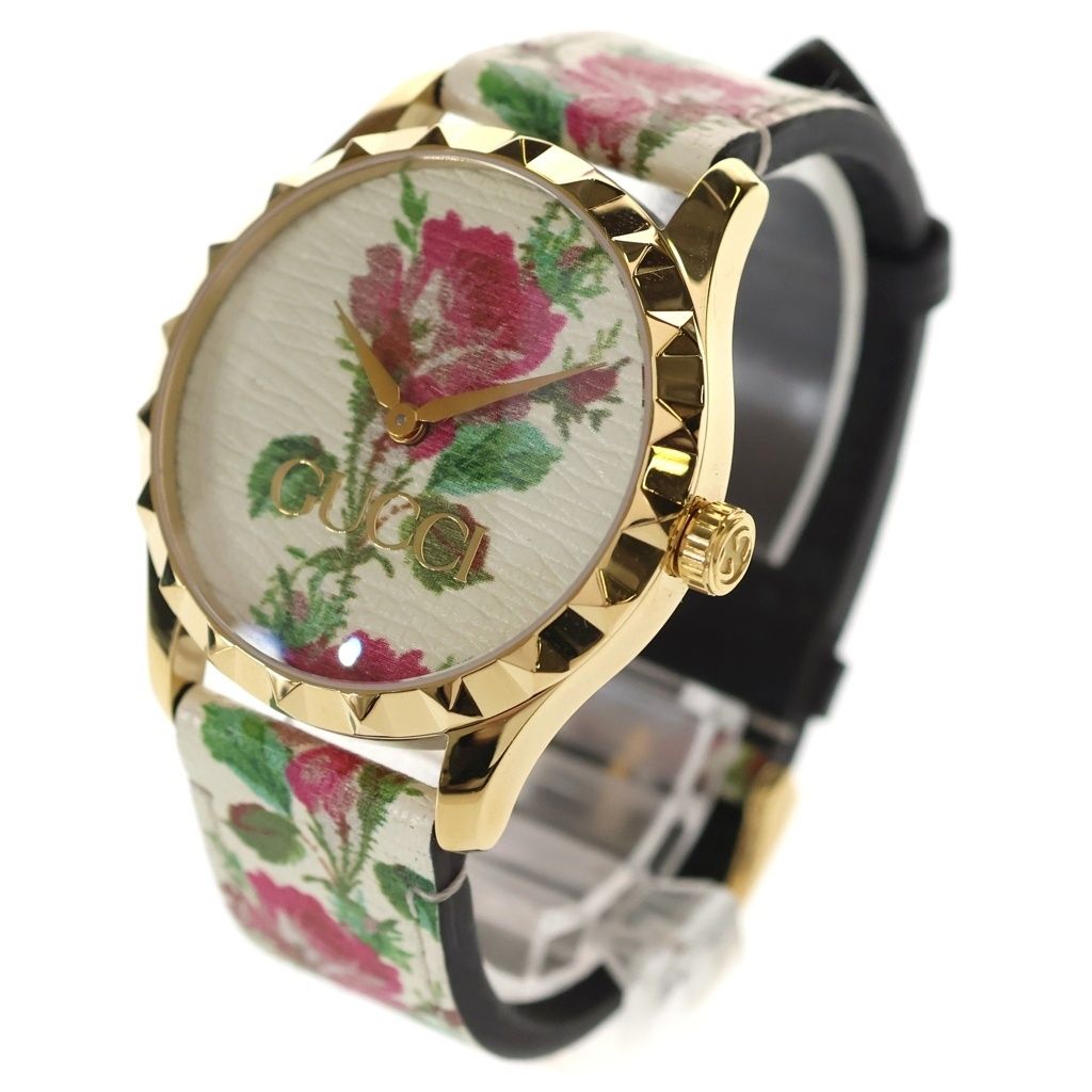 Gucci Timeless Floral Logo Leather Quartz Watch Ivory Gold — view 4