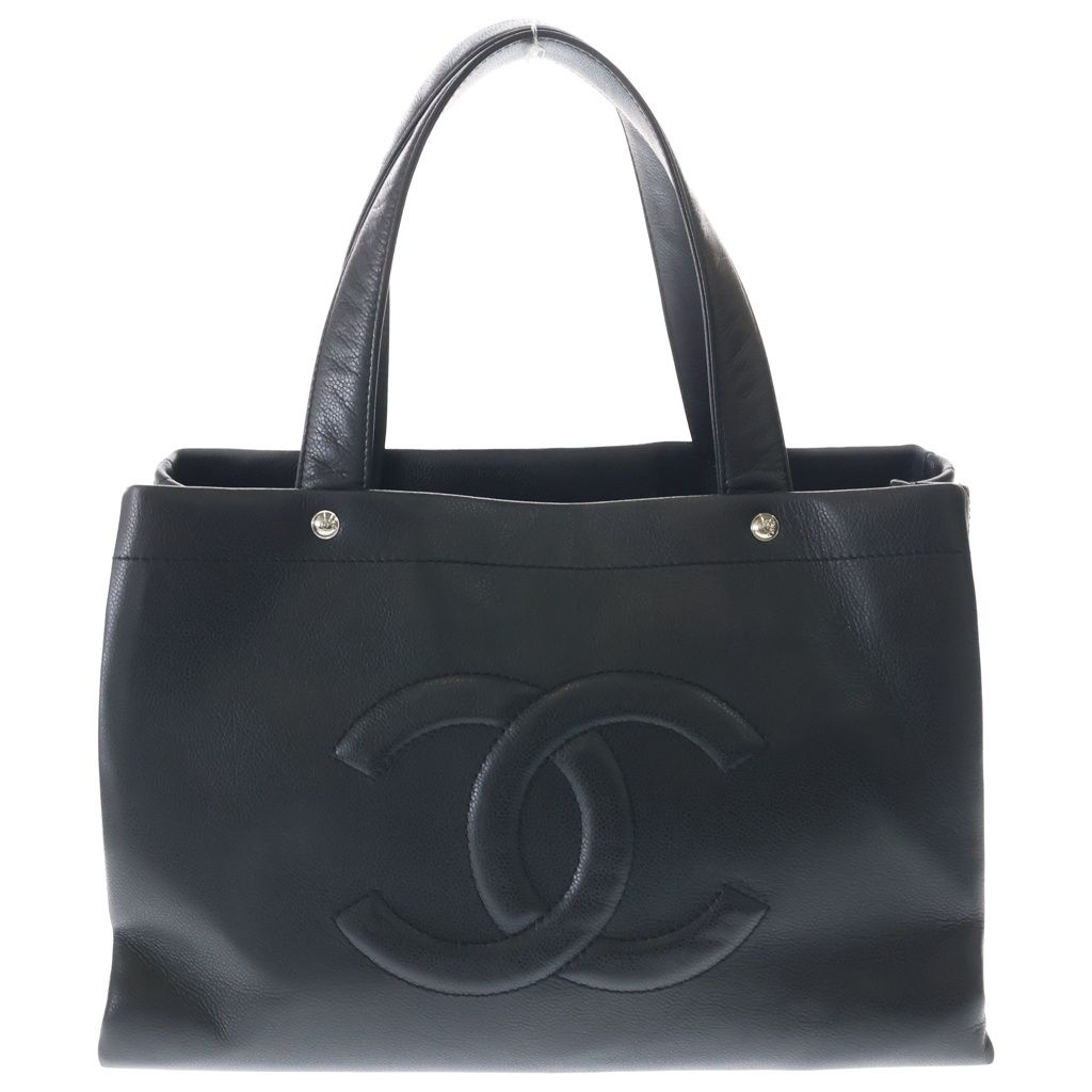 Chanel CC Logo Tote Black Caviar Leather Silver