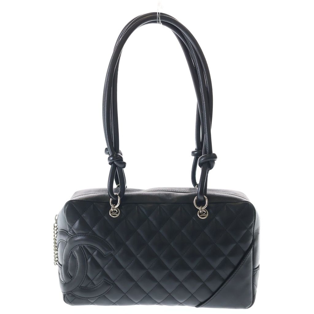 Chanel Cambon Line Quilted Handbag Black Lambskin Silver
