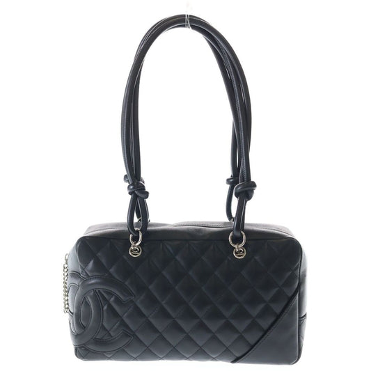 Chanel Cambon Line Quilted Handbag Black Lambskin Silver
