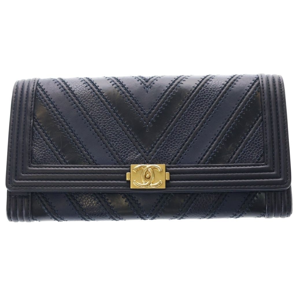 Chanel Chain Wallet Boy Chez Blanc Mini Bag Black Blue Leather Gold