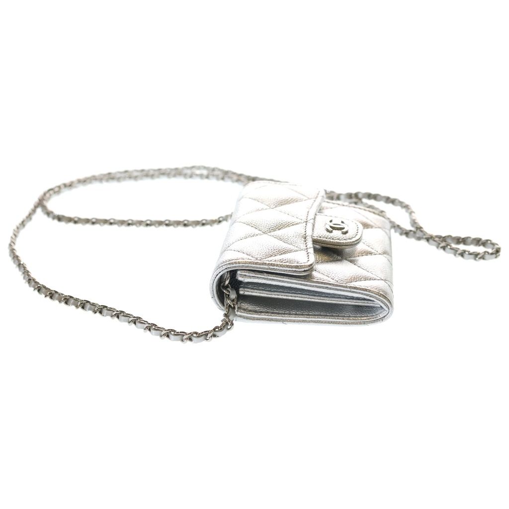 Chanel Quilted Mini Chain Wallet Caviar Leather Shoulder Pouch Silver Random — view 3