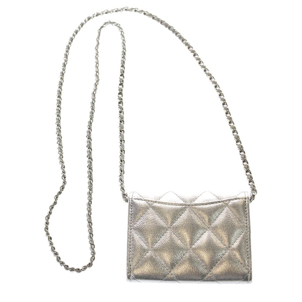 Chanel Quilted Mini Chain Wallet Caviar Leather Shoulder Pouch Silver Random — view 2