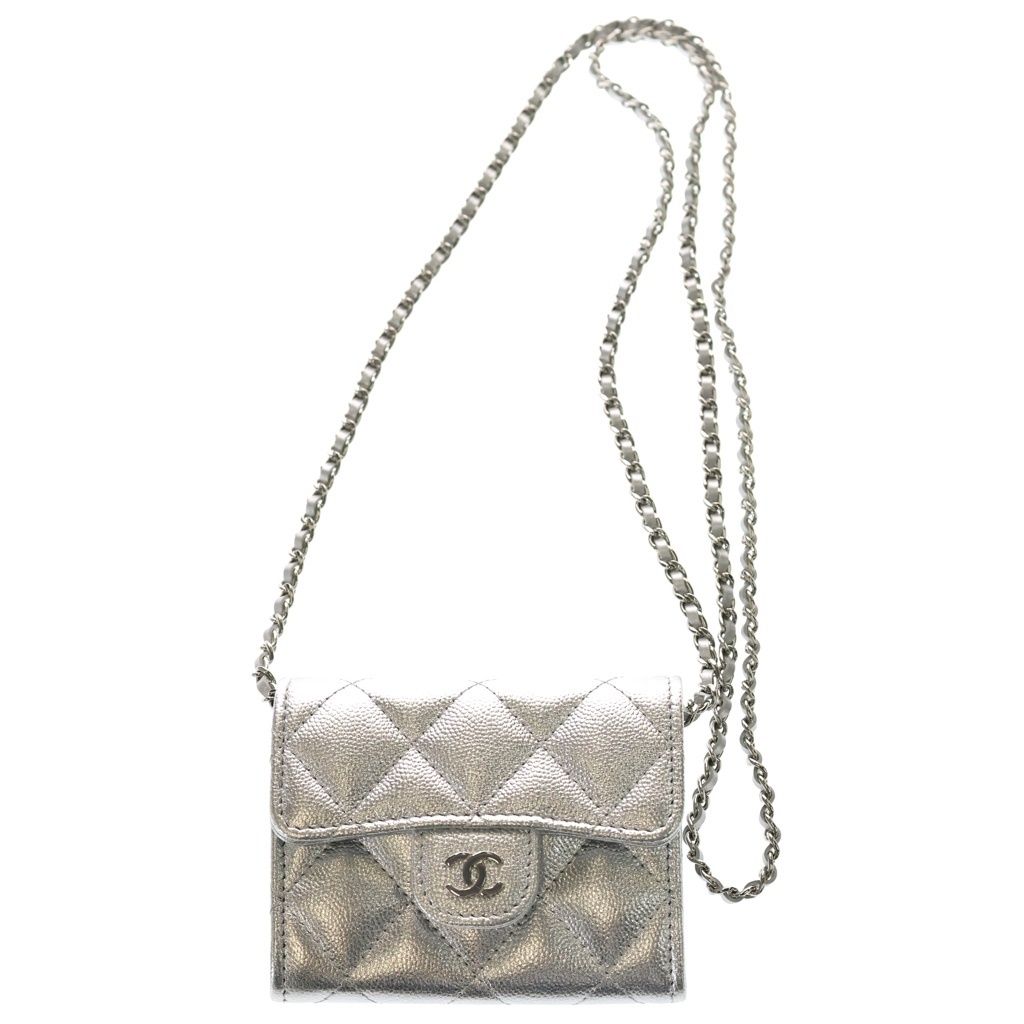 Chanel Quilted Mini Chain Wallet Caviar Leather Shoulder Pouch Silver Random