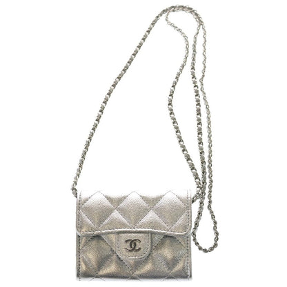 Chanel Quilted Mini Chain Wallet Caviar Leather Shoulder Pouch Silver Random