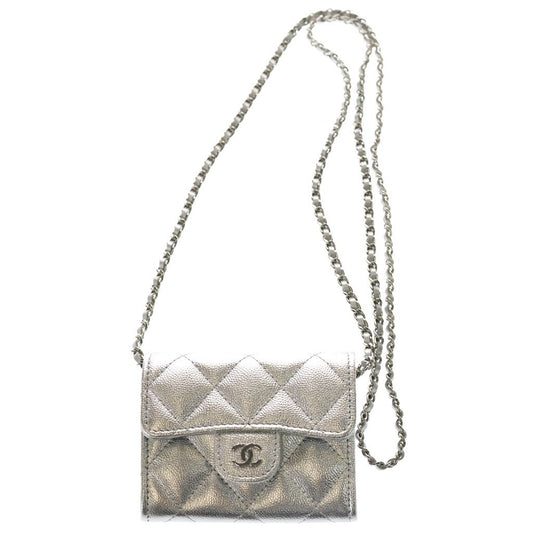 Chanel Quilted Mini Chain Wallet Caviar Leather Shoulder Pouch Silver Random
