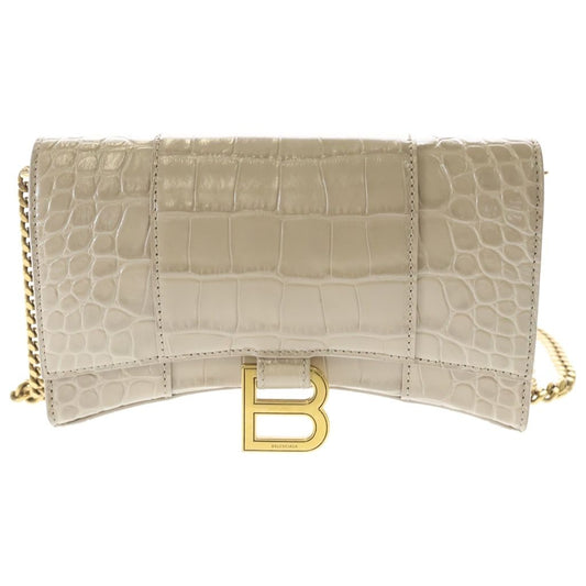 Balenciaga Hourglass Croco Embossed Leather Shoulder Bag Beige