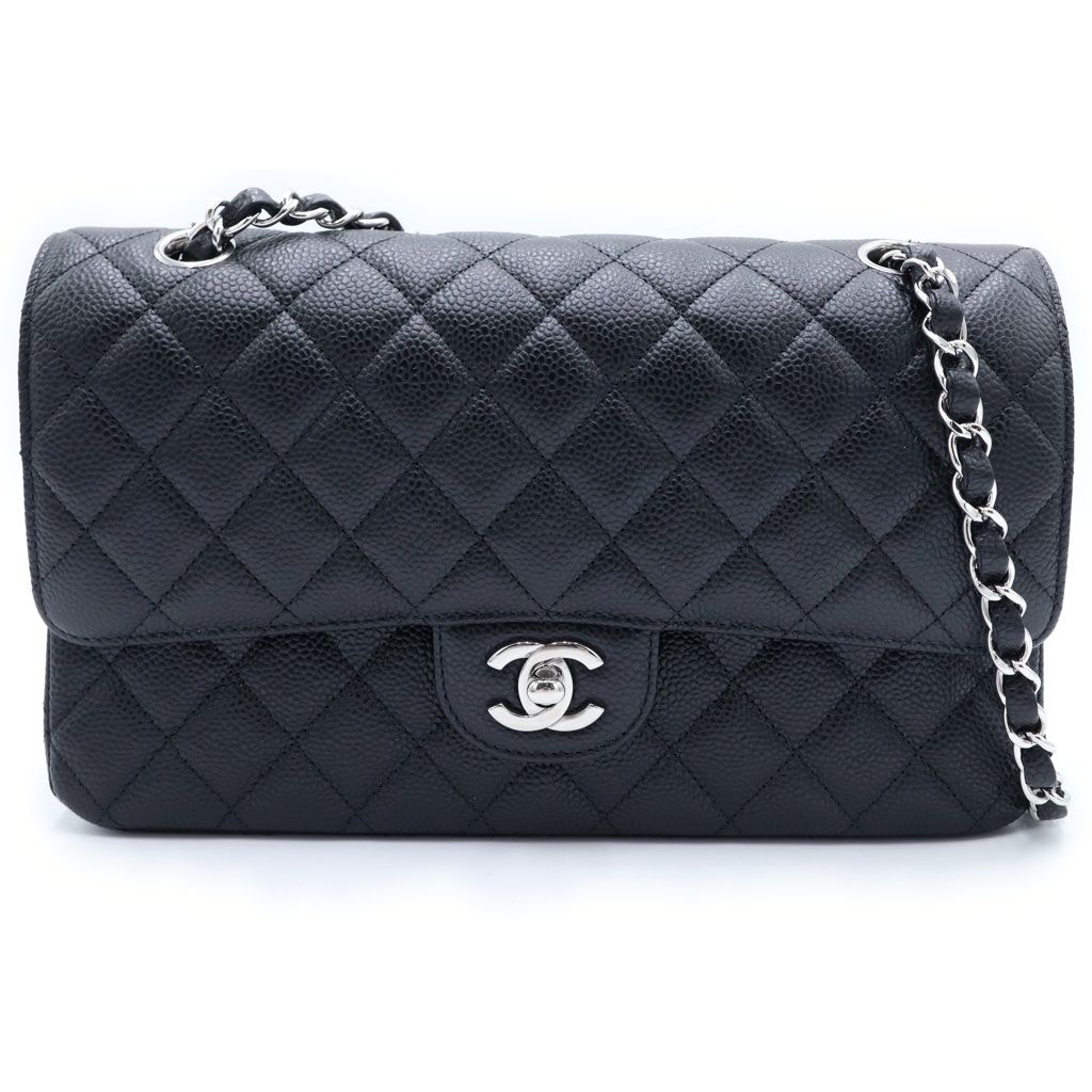 Chanel Quilted 25 Black Double Flap Chain Shoulder Bag Caviar Leather Silver