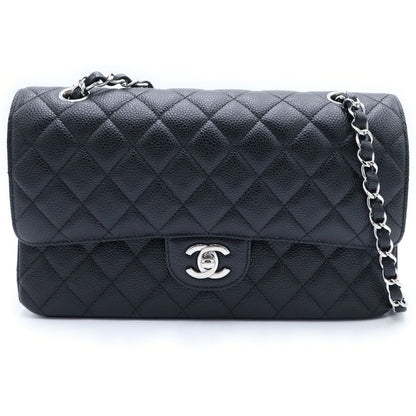 Chanel Quilted 25 Black Double Flap Chain Shoulder Bag Caviar Leather Silver