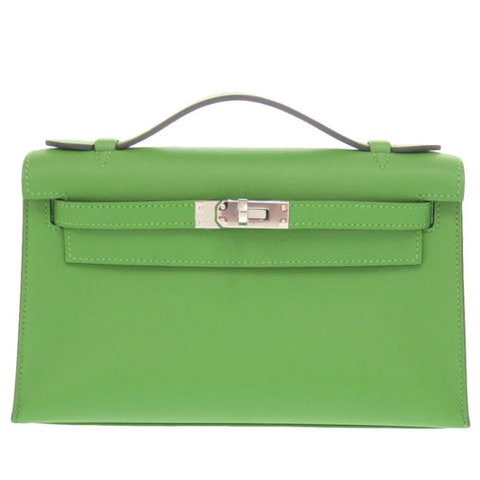 Hermes Pochette Kelly Veau Swift Vert Yucca Silver Clutch Green