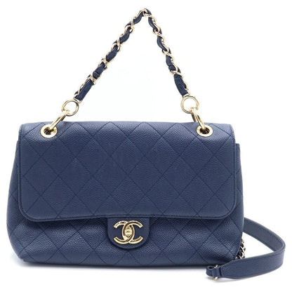 Chanel Quilted Caviar Leather Navy Gold Shoulder Bag