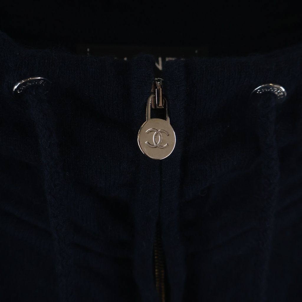 Chanel CC Logo Cashmere Knit Zip Up Hoodie Navy — view 6