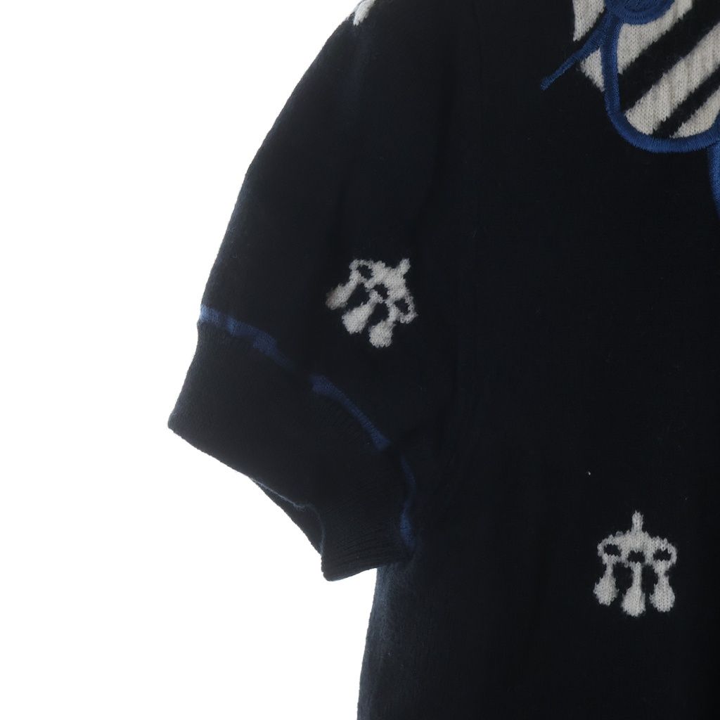 Hermes Horse Gear Embroidery Jacquard Short Sleeve Knit Sweater Navy — view 5