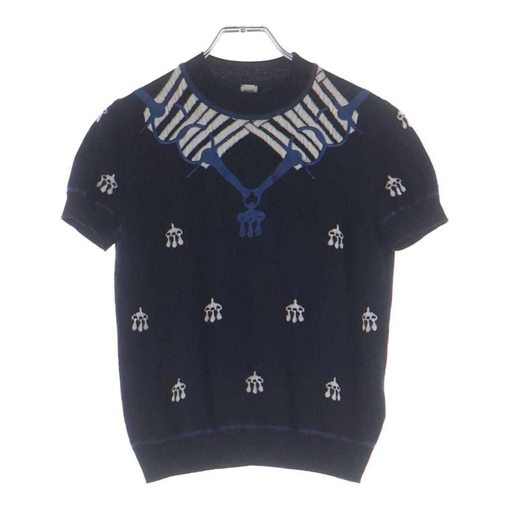 Hermes Horse Gear Embroidery Jacquard Short Sleeve Knit Sweater Navy