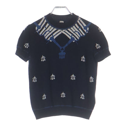 Hermes Horse Gear Embroidery Jacquard Short Sleeve Knit Sweater Navy