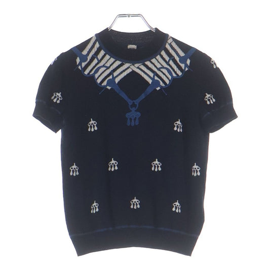 Hermes Horse Gear Embroidery Jacquard Short Sleeve Knit Sweater Navy