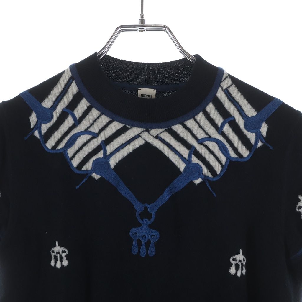 Hermes Horse Gear Embroidery Jacquard Short Sleeve Knit Sweater Navy — view 3