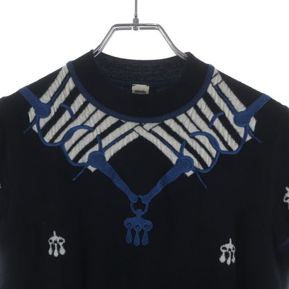 Hermes Horse Gear Embroidery Jacquard Short Sleeve Knit Sweater Navy — view 3